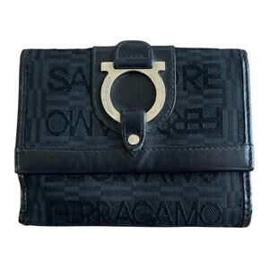 Salvatore Ferragamo Gancini Logo Canvas Bifold Wallet Leather Trim Italy Black